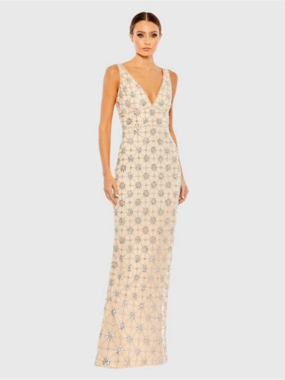 Mac Duggal Womens Size 8 Beige Sleeveless Floral Beaded V-Neck Formal Gown Dress